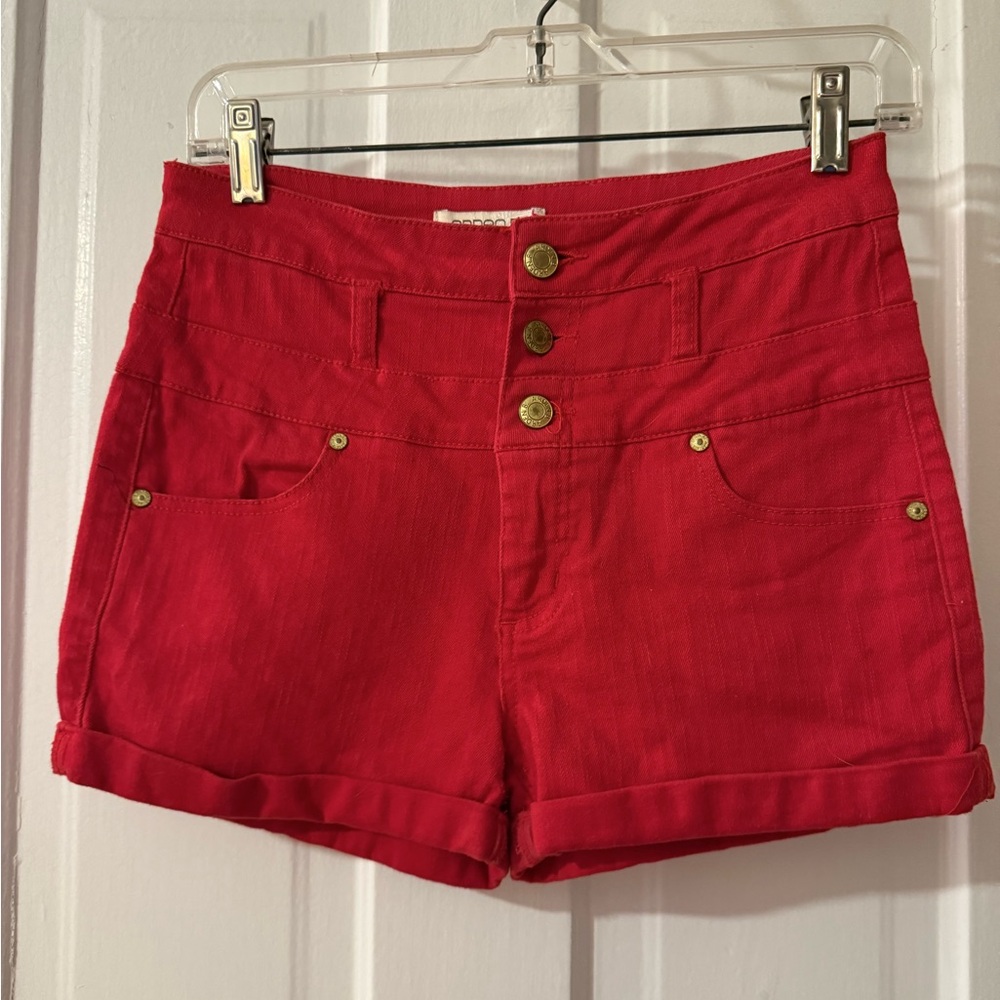 Arden B High Waist Red Denim Button Fly Shorts